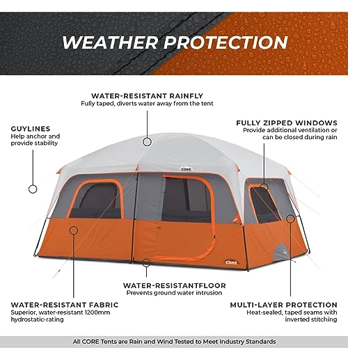 CORE Tent for Family Camping | 10 Person / 11 Person / 12 Person Large Multi Room Cabin Tents for Car Camping & Outdoor Adventures