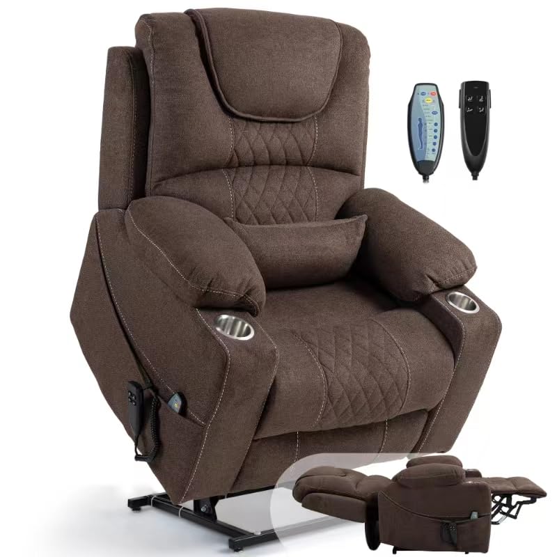 Power Lift Chair Lay Flat Recliner Infinite Position Electric Dual Motor Stand Up Lift Chair with Massage and Heat for Adults,Heavy Duty Recliners with 2 Remote Controls and Two Cup Holders