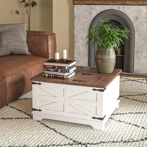 Farmhouse Square Storage Coffee Table with Hinged Lift Top Rustic Wood Center Table with Hidden Storage Compartment & Barn Door Panel Coffee Table for Living Room, Distressed White&Brown