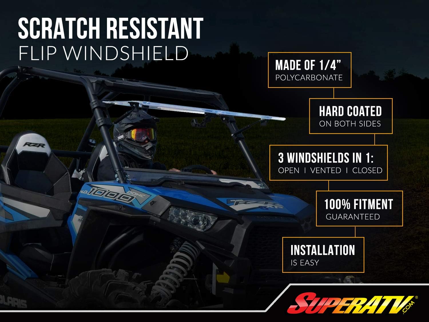SuperATV Scratch Resistant 3-in-1 Flip Windshield for 2016+ Polaris General 1000/2017+ Polaris General 4 | 1/4 Thick Polycarbonate 25X Stronger than Glass | Can be set to Open, Vented, or Closed!