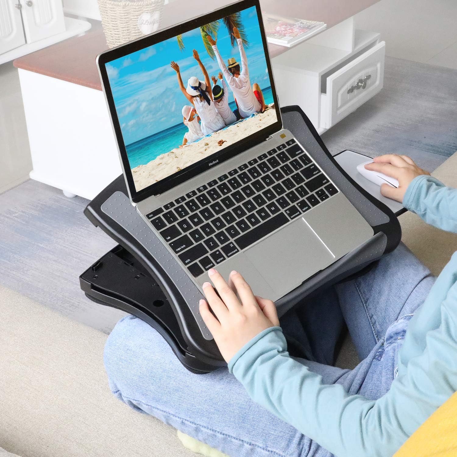HUANUO Lap Desk with Cooling Fan, Laptop Lap Desk with 5 Adjustable Angles, Laptop Desk Fits 15.6 Inch Laptops, Lap Laptop Stand for Car with Detachable Mouse Pad & Mesh Cushion Lap Desk Writing Board