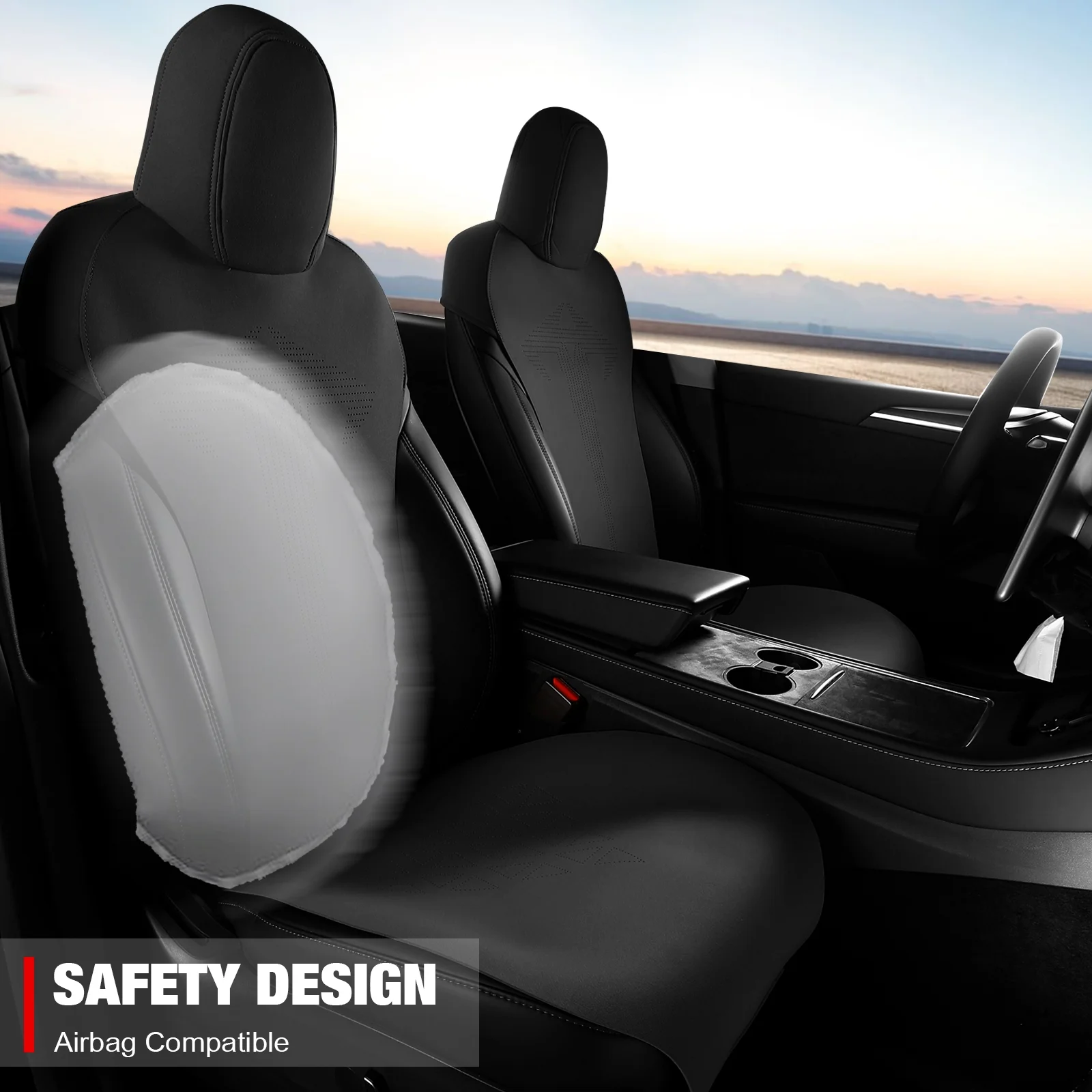 Ikon Motorsports Seat Cover Cushions Compatible With 2017-2023 Tesla Model 3, V1 Style Black Suede Leather 1st 2nd Row 5-Seat Seat Cover Cushion Protectors
