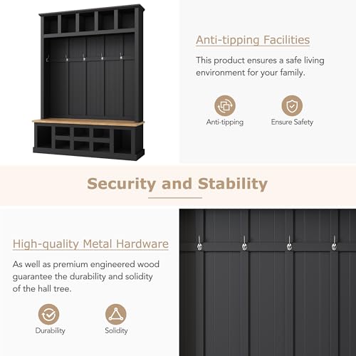 LUMISOL Wide Entryway Hall Tree with Storage Bench, 78''H Entryway Shoe Cabinet with Cube Storage, Hallway Coat Rack with 6 Hooks for Mudroom Living Room, Black