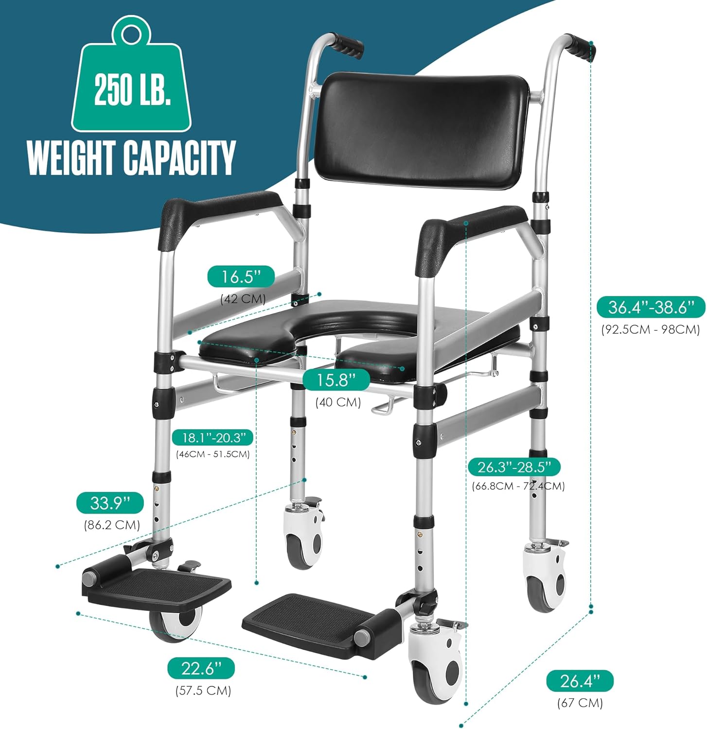 Houseables Shower Chair with Wheels, Shower Wheelchair, Rolling Shower Chair, Shower Commode Wheelchair, Bedside Toilet Chair for Elderly, Handicap Shower Chair with Wheels, Height Adjustable