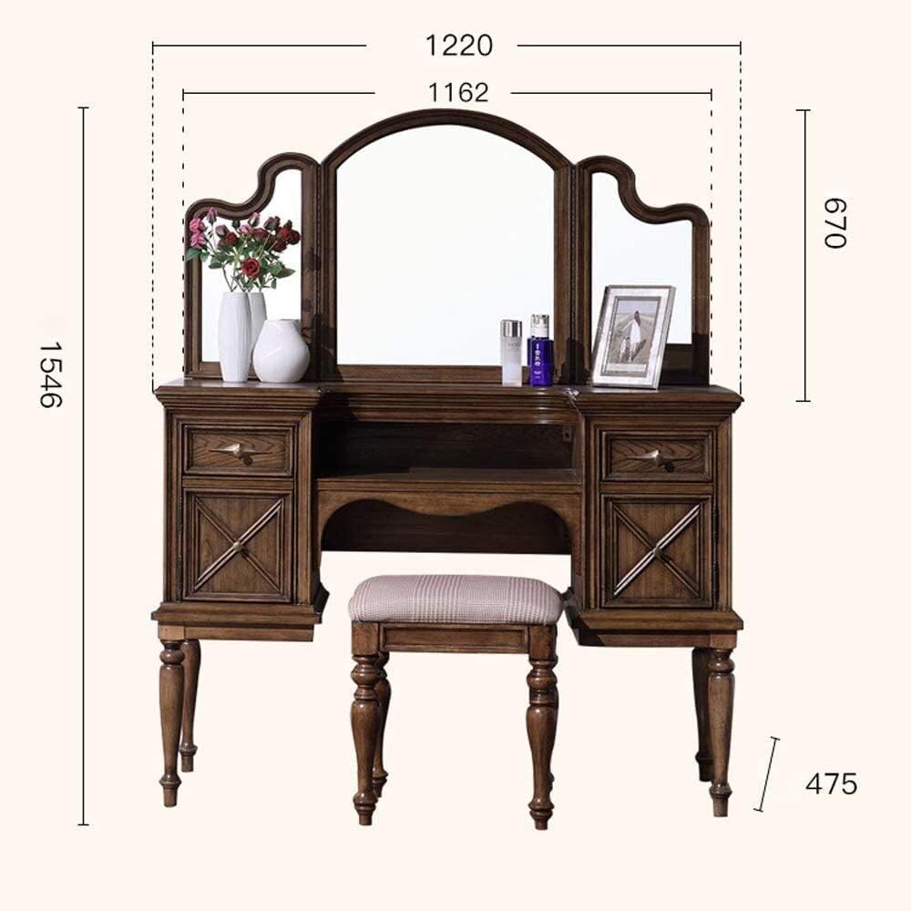 Luxury Dressing Vanity Table w/Stool for Bedroom, Simple American Solid Wood Dressing Table - Bedroom Simple European tri-fold Mirror Dressing Table Combination American Fashion Wind