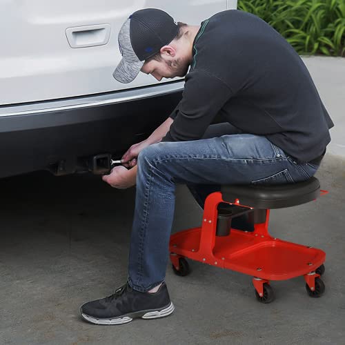 Magshion Garage Mechanic Creeper Seat with Tool Tray/Rack and Can Holder, Durable Mechanics Stool on Wheels 350 lbs Capacity Rolling Creeper Garage/Shop Seat, Black