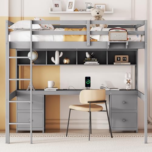 Full Size Loft Bed with Desk and Storage, Wooden Loft Beds Frame with Charging Station, High Loft Beds with 4 Drawers & 4 Shelves & 2 Outlets & 2 USB Port for Kids Teens Adults, Gray