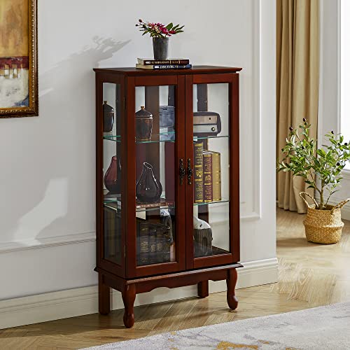 Lighted Wooden Corner Display Curio Cabinet, Curved Shelving Unit with Adjustable Shelves and Mirrored Back Panel, Tempered Glass Doors for Bedroom, Living Room (Oak, Corner Shape)