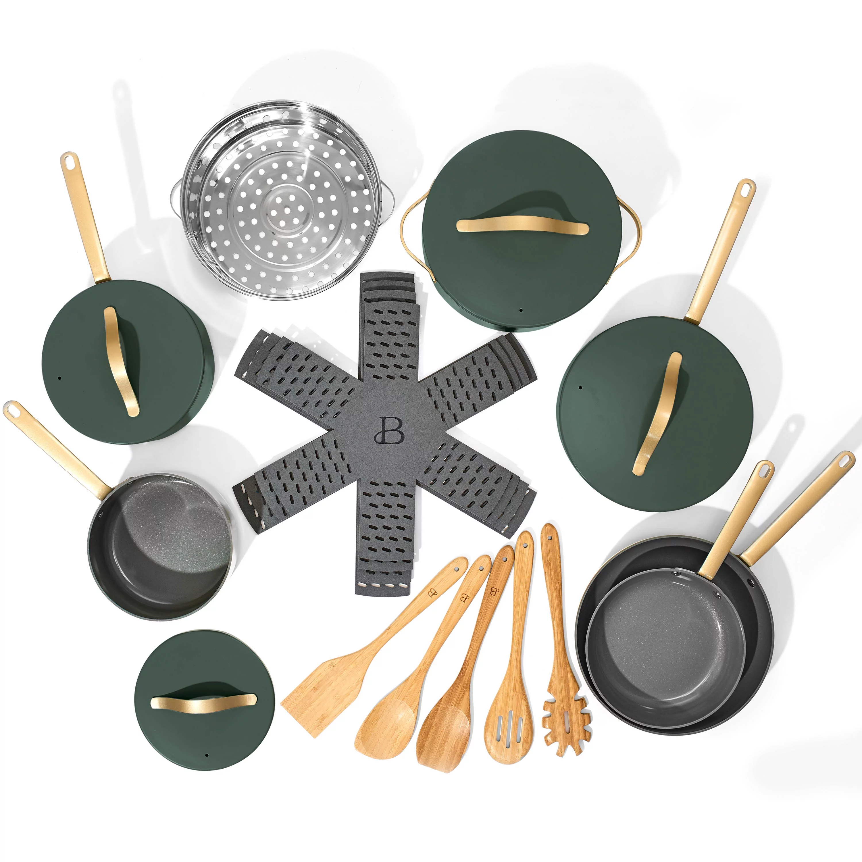 Beautiful 20pc Ceramic Non-Stick Cookware Set, Thyme Green by Drew Barrymore