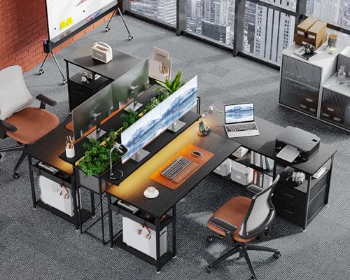 ODK L Shaped Gaming Desk with File Drawers, Reversible Computer Desk with Power Outlets & LED Lights, Home Office Desk with Storage Shelves, 61 Inch Bedroom Corner Desk with Monitor Stand, Grey
