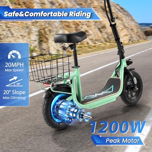Caroma Peak 800W/1200W Electric Scooter Adults, 30 Miles Max Range, Foldable Electric Scooter with Seat, Front Suspension, Detachable Large Basket,Commuter E-Scooter for Adult and Teens