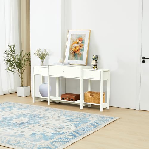 63” Console Table with Drawer,Marble Texture Top Sideboard with Open Bottom Shelf,Long Sofa Tables Behind Couch Table for Living Room Hallway, Foyer (Marble White, 63inch)