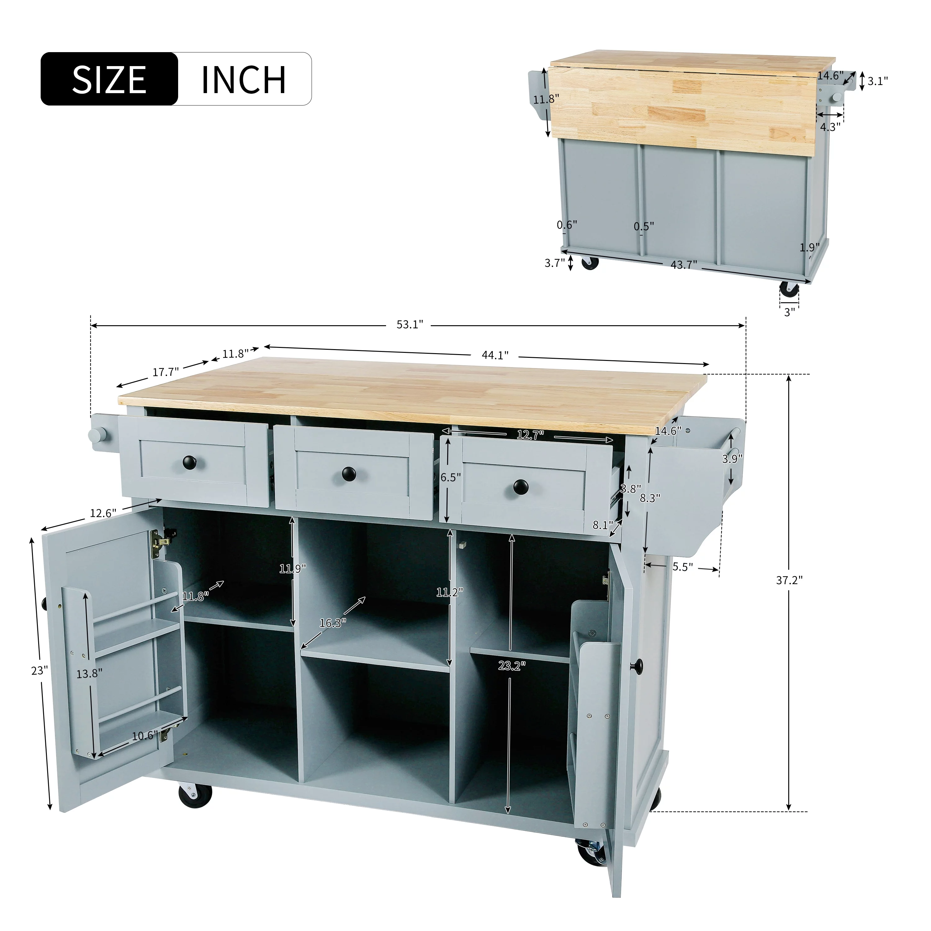 Momspeace Kitchen Island Cart with wheels and Rubber wood Drop-Leaf Countertop,Cabinet door internal storage racks,Kitchen Island on 5 Wheels with Storage Cabinet & 3 Drawers for Dinning Room-Blue