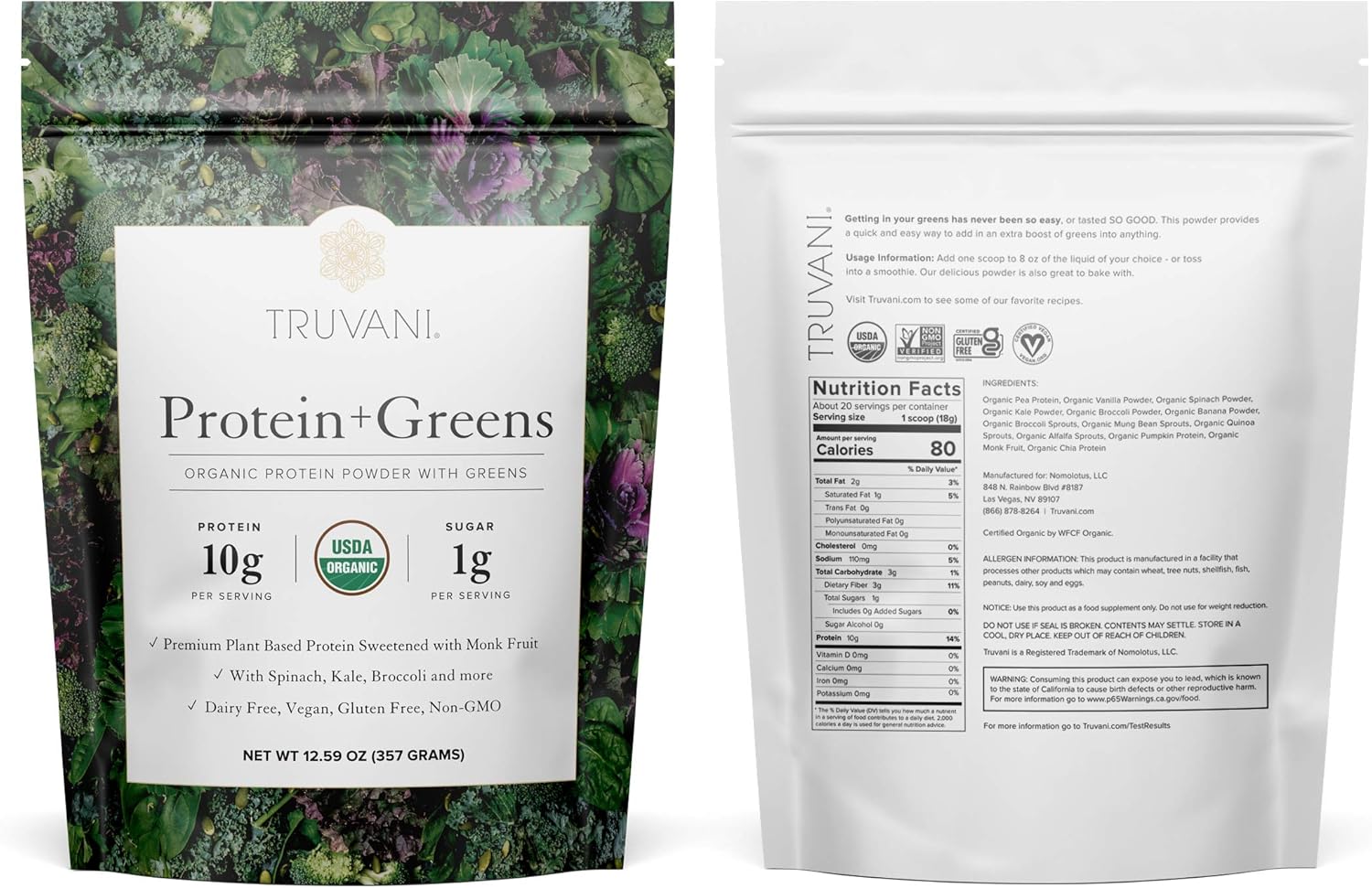 Truvani Protein + Greens | Organic, Non-GMO, Vegan, Gluten Free, Dairy Free | Daily Greens Combined with Protein | Great Taste with a Splash of Sweetness Pack of 2