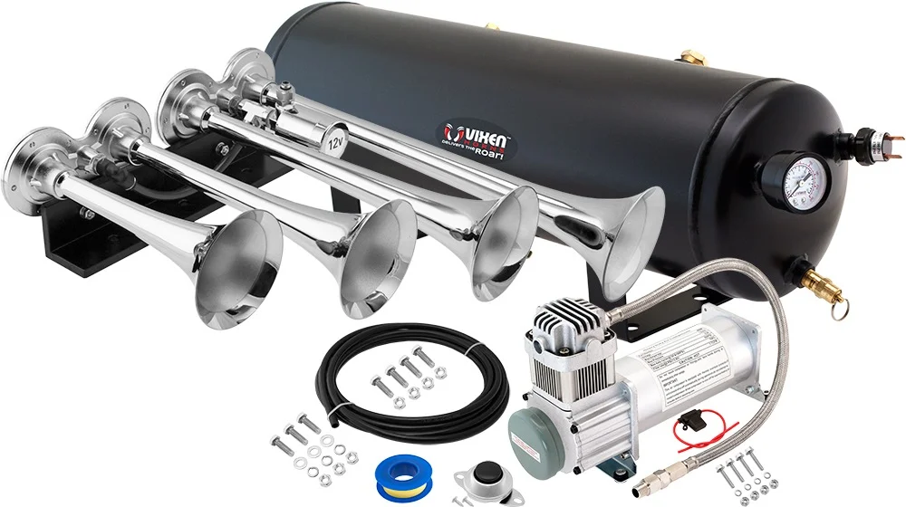 Vixen Horns Train Horn Kit for Trucks/Car/Semi. Complete Onboard System- 200psi Air Compressor, 3 Gallon Tank, 4 Trumpets. Super Loud dB. Fits Vehicles like Pickup/Jeep/RV/SUV 12v VXO8330/4124XC