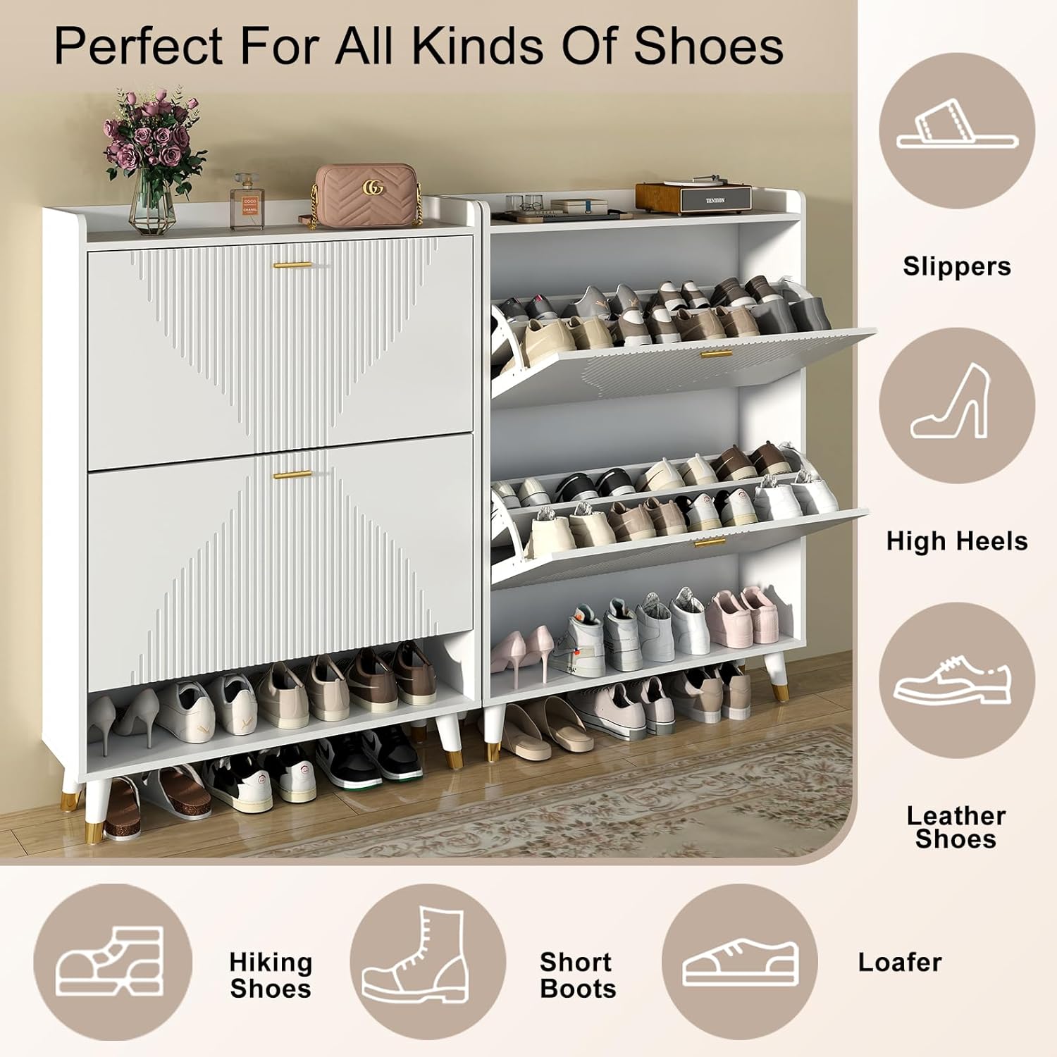 White Shoe Storage Cabinet for Entryway Slim, Hidden Wooden Shoe Organizer Cabinet with Drawer, Narrow Shoe Rack Cabinet for Front Door Entrance