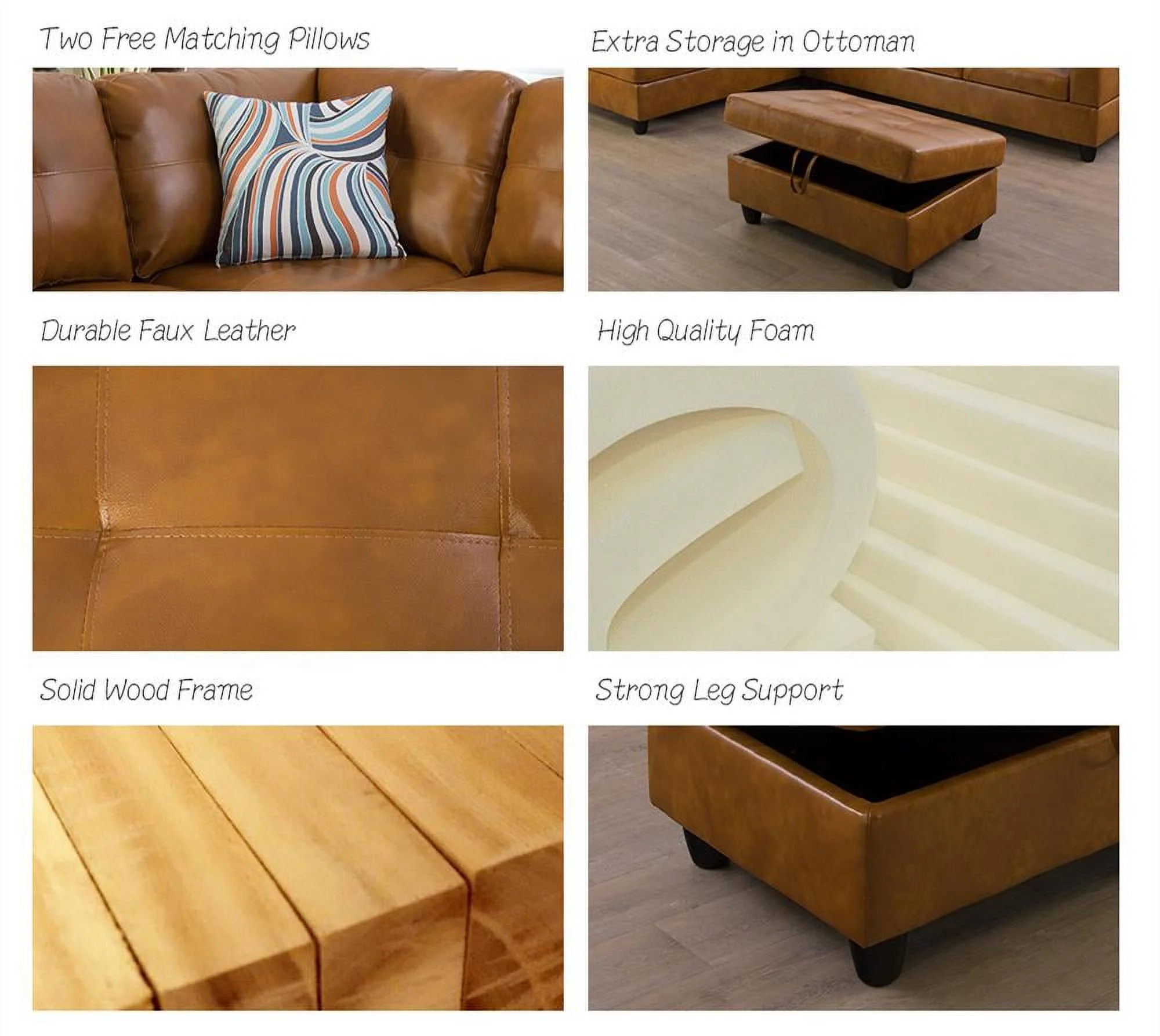 PonLiving 103.50" Wide Ginger Faux Leather Sectional with Ottoman Left Hand Facing