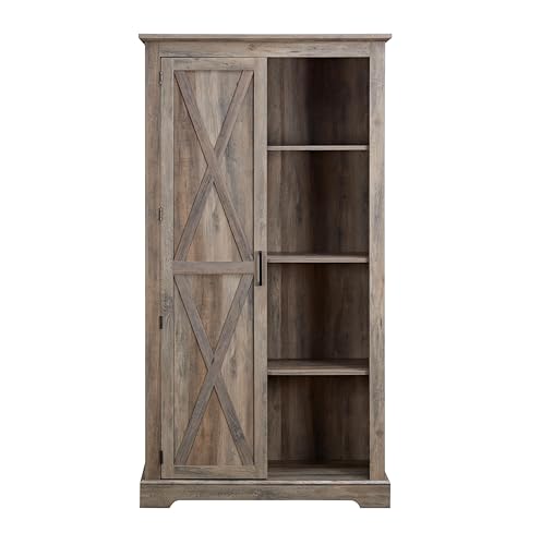 Farmhouse Wooden Tall Storage Cabinet Barn Door Pantry Kitchen Storage Furniture Home Drawer Rack with Doors and Open Shelves for Kitchen Living Room Bedroom (Gray Wash)