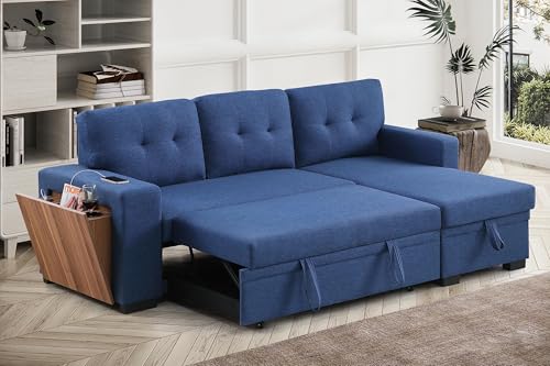 Convertible L Shaped Couch with Pull Out Bed and Storage Chaise,Sectional Sleeper Sofa with Side Open Cup Holder and USB Port, Linen Fabric Furniture for Living Room, Apartment, 92", Blue