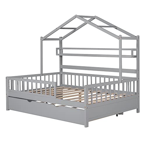 House Bed with Storage Shelf,Wooden Bed Frame with Full-length Guardrail for Bedroom, No Box Spring Needed (Pink, Full Size House Bed with 2 Drawers)