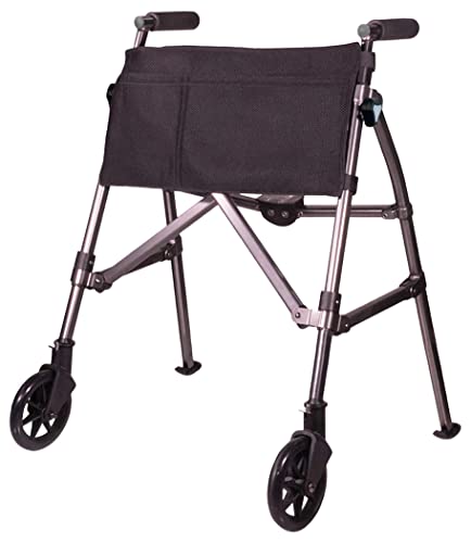 Stander Wonder Walker Plus Short, Junior Lightweight Folding Rolling Walker for Adults, Seniors, Elderly, Petite Travel Walker with Wheels, Glides, Pouch, Compact Standard Walker, Black Walnut