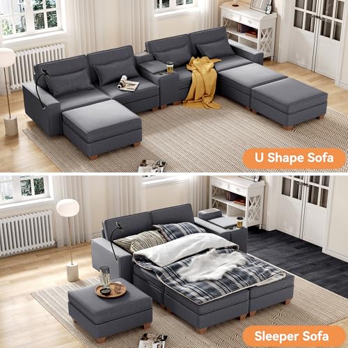 Modular Sectional Sofa, Convertible U Shaped Sofa Couch with Central Console & USB Ports, 7 Seat Modular Sectionals Couch with Chaise and Storage for Living Room, Light Grey