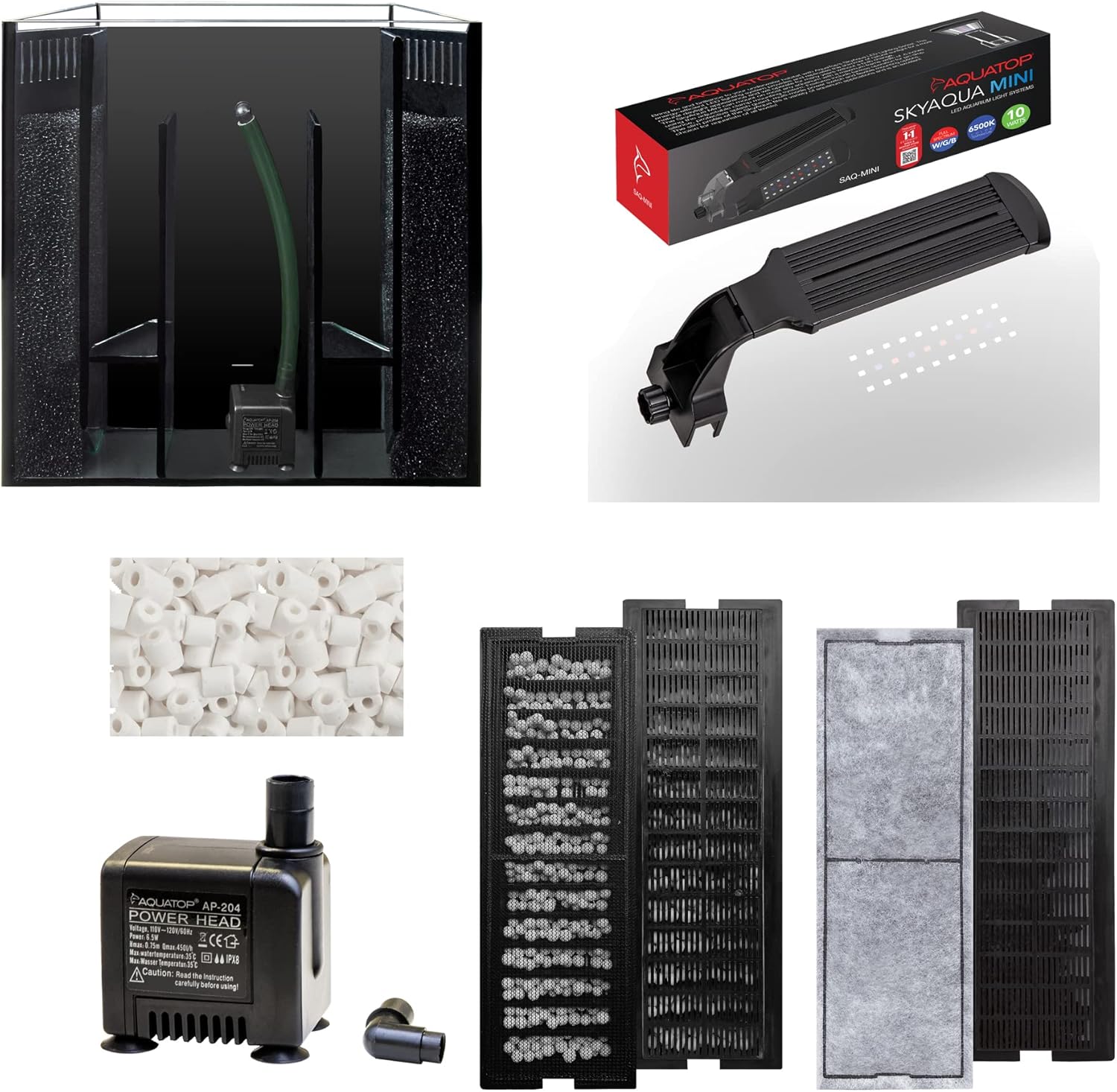 Aquatop Veritcal Bowfront 8 Gallon Glass Aquarium w/Filtration Cartridges & Mini Fish Tank Heater