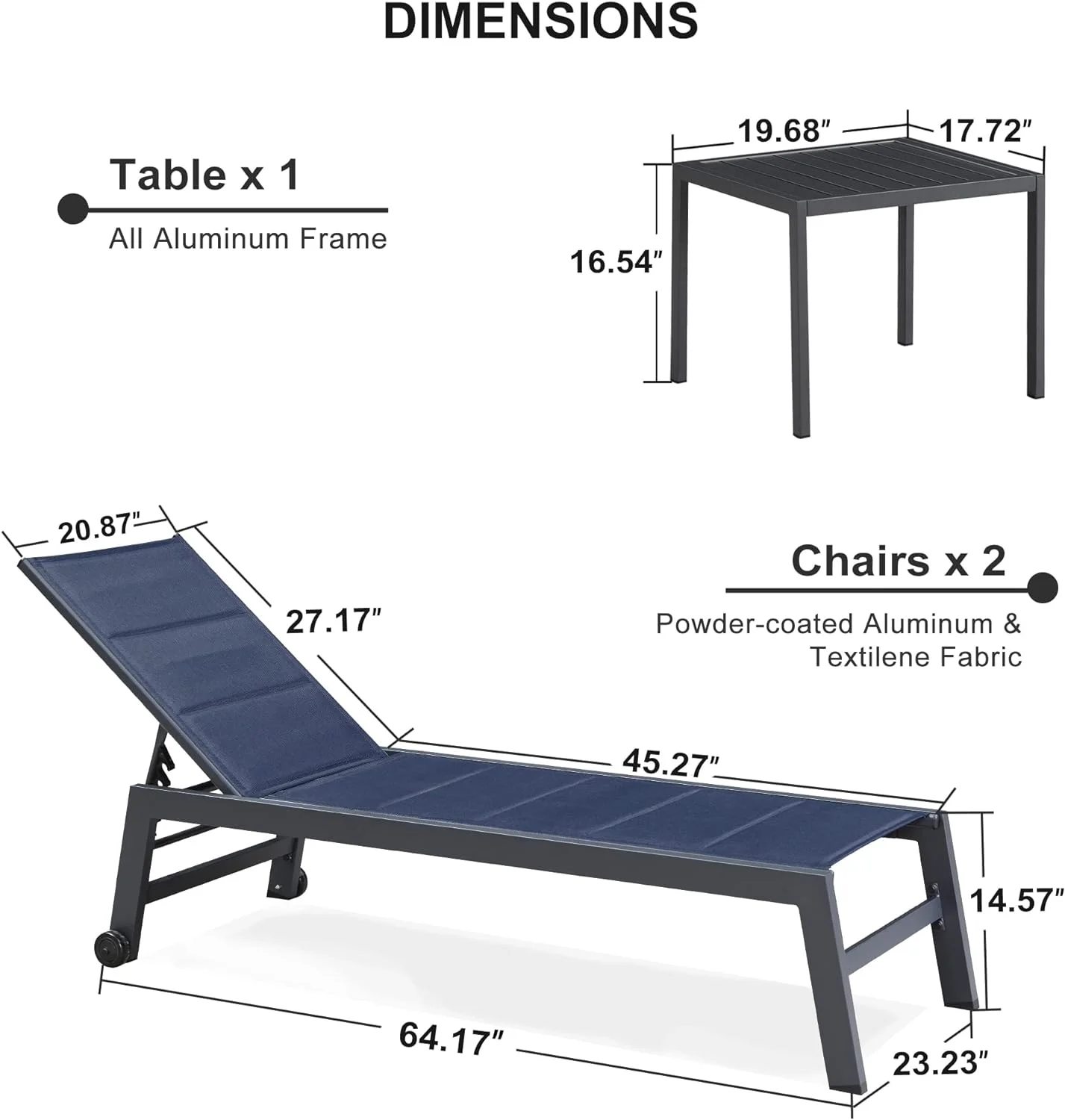 PURPLE LEAF Outdoor Chaise Lounge Set of 3 Aluminum Patio Lounge Chair with Wheels and Side Table Pool Chaise Lounge Chair for Outdoor Backyard Poolside Navy Blue