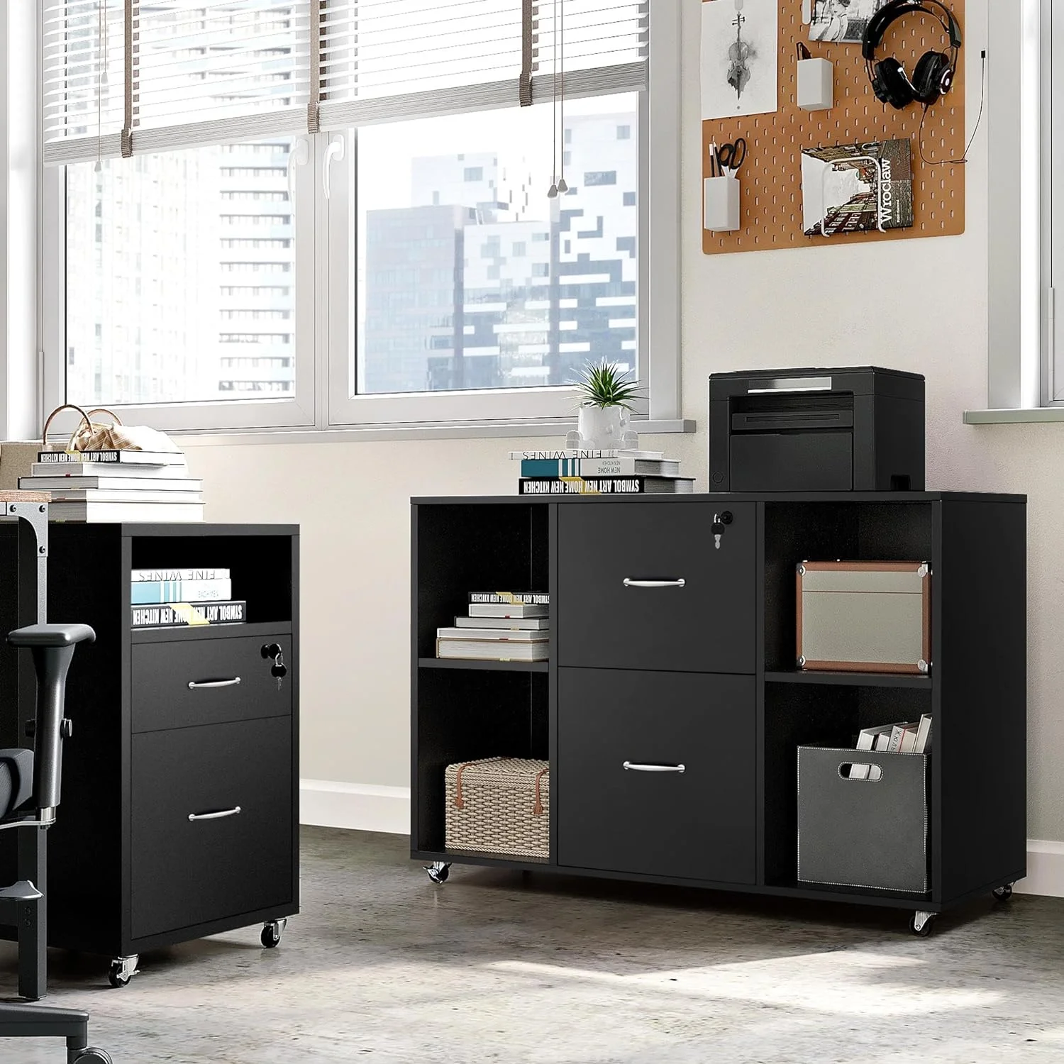 Black Filing Cabinet Large Mobile Storage Lateral Filing Cabinet with 2 Drawer and 4 Open Compartments,for Letter Size A4 Size, Printer Stand for Home Office, Black - Curated Treasures Market