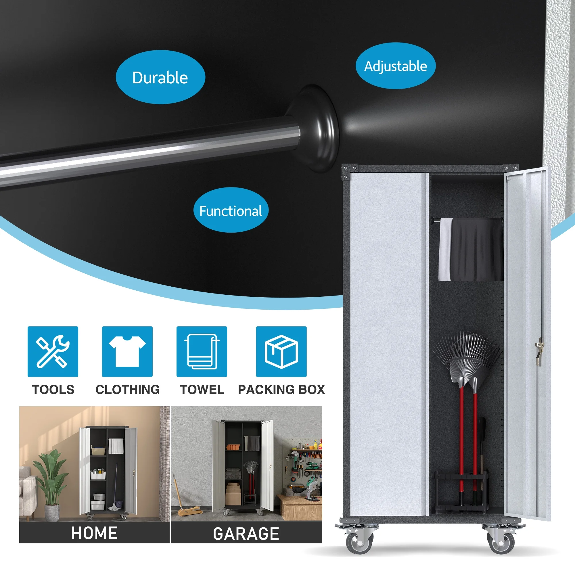 GangMei Metal Rolling Storage Cabinet with Hanging Rod, Large Steel Utility Tool Storage Cabinets with 2 Shelves & Locking Doors, Garage Cabinets for Tool Storage, Assemble Required