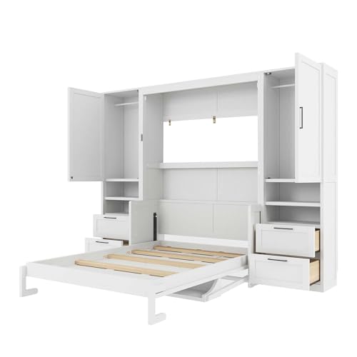 Merax Queen Size Murphy Bed with Desk, Space-Saving Wall Bed Frame with Closet, Drawers and Shelves, Foldable Platform Bed for Small Spaces Studio Study Office Guest Room, Gray