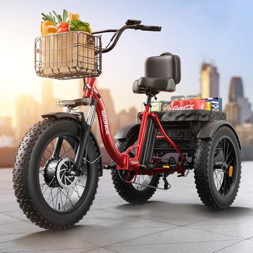 Electric Trike for Adults 960W Peak, 36V 15AH Battery Ebike 50 Miles Range with Large Rear Basket, Electric Trike 20" Fat Tire, Max 25MPH 3 Wheel Folding Electric Tricycle for Adults(Lava)