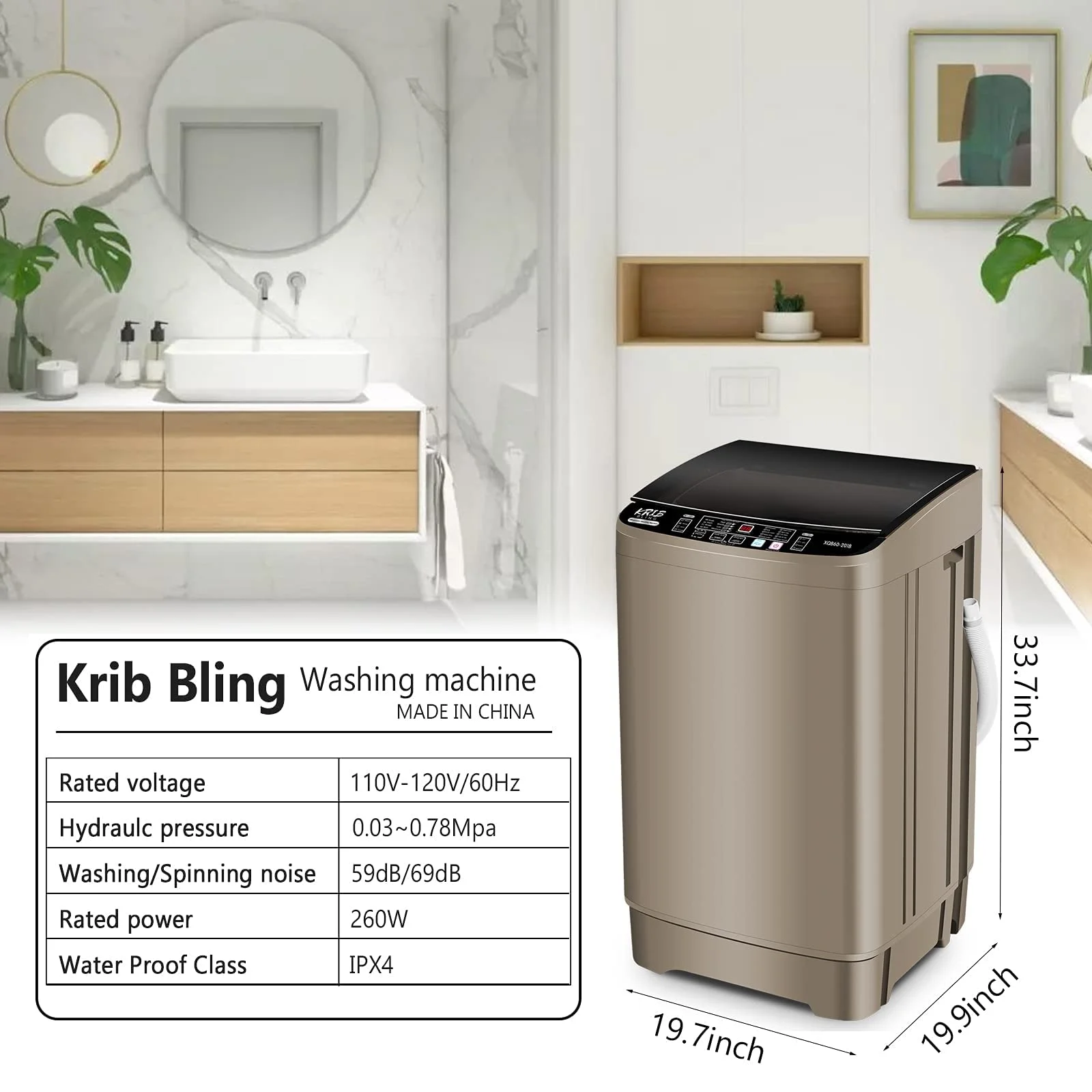 GGTB Portable Washing Machine, 1.9 Cu.ft Fully Automatic Compact Washer, 10 Wash Programs Washer with Drain Pump for Apartments, RVs, Camping, Coffee Gold