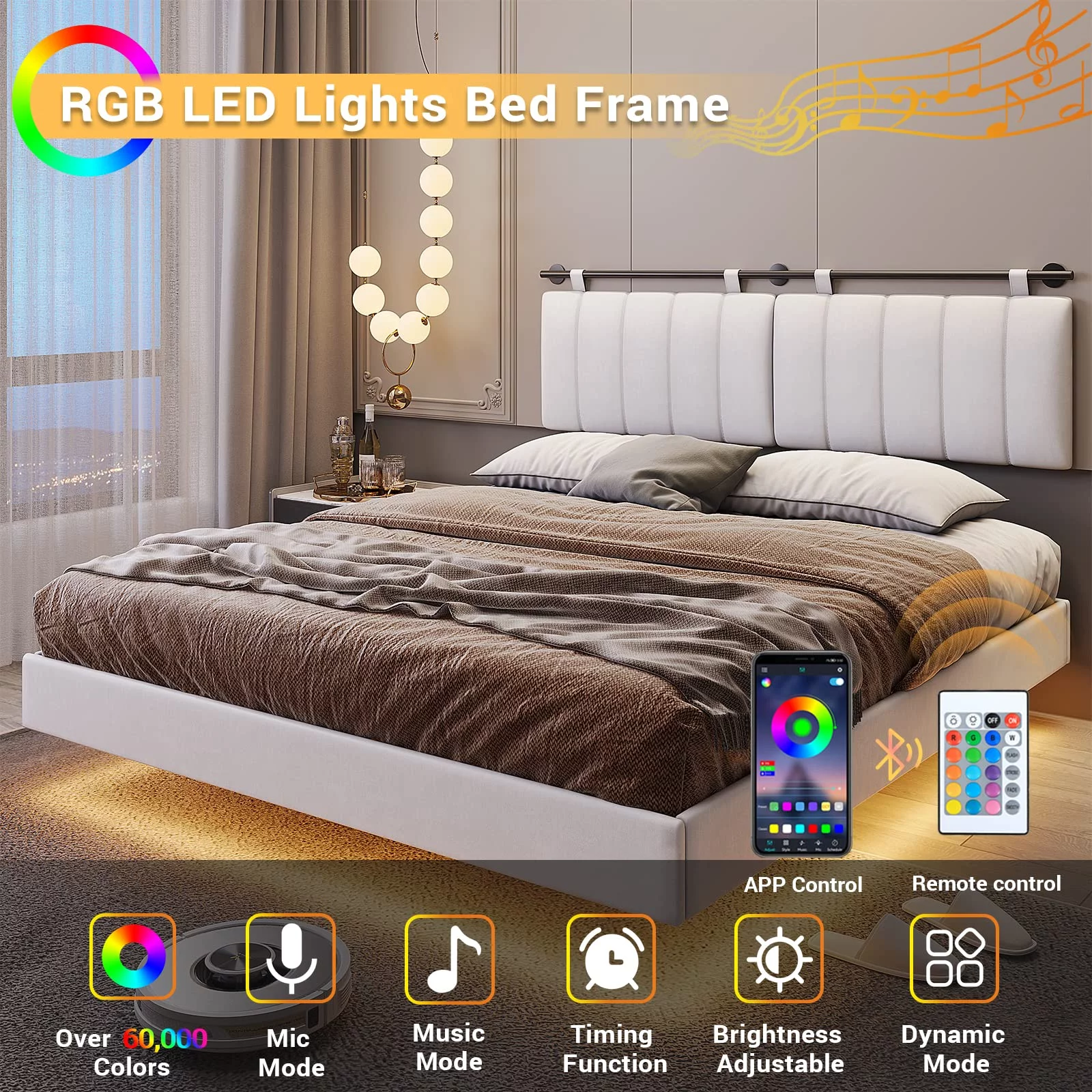 Afuhokles LED Floating Queen Bed Frame with Wall Mounted Headboard and Led Lights, Platform Bed Frame with Upholstered Headboard, Faux Leather Fabric, No Box Spring Needed, White