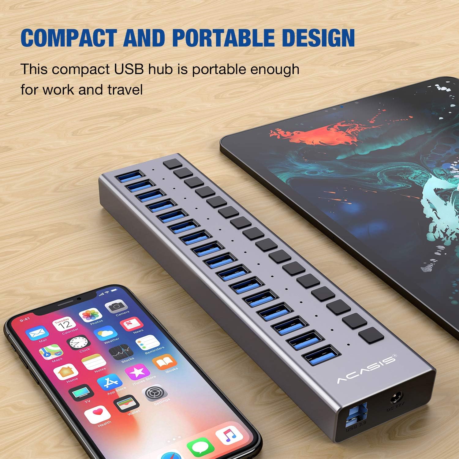 Powered USB Hub - ACASIS 10 Ports 48W USB 3.0 Data Hub - with Individual On/Off Switches and 12V/4A Power Adapter USB Hub 3.0 Splitter for Laptop, PC, Computer, Mobile HDD, Flash Drive and More
