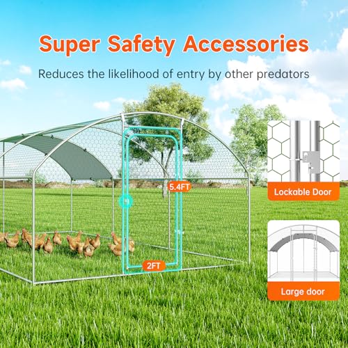 Large Metal Chicken Coop, Chicken Run Poultry Cage Hen with Water-Resident and Anti-UV Cover for Duck Rabbit House Outdoor Walk-in Chicken Pen for Yard, Dome Roof(10’ W x 19.7’ L x 6.4’ H)