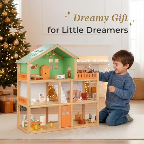 OOOK Large Wooden Dollhouse with 42 Pcs Luxurious Furniture Accessories, 3-Story Doll House 6 Rooms Balcony Wooden Stairs, Ideal Modern Dollhouse for Toddlers 3-5