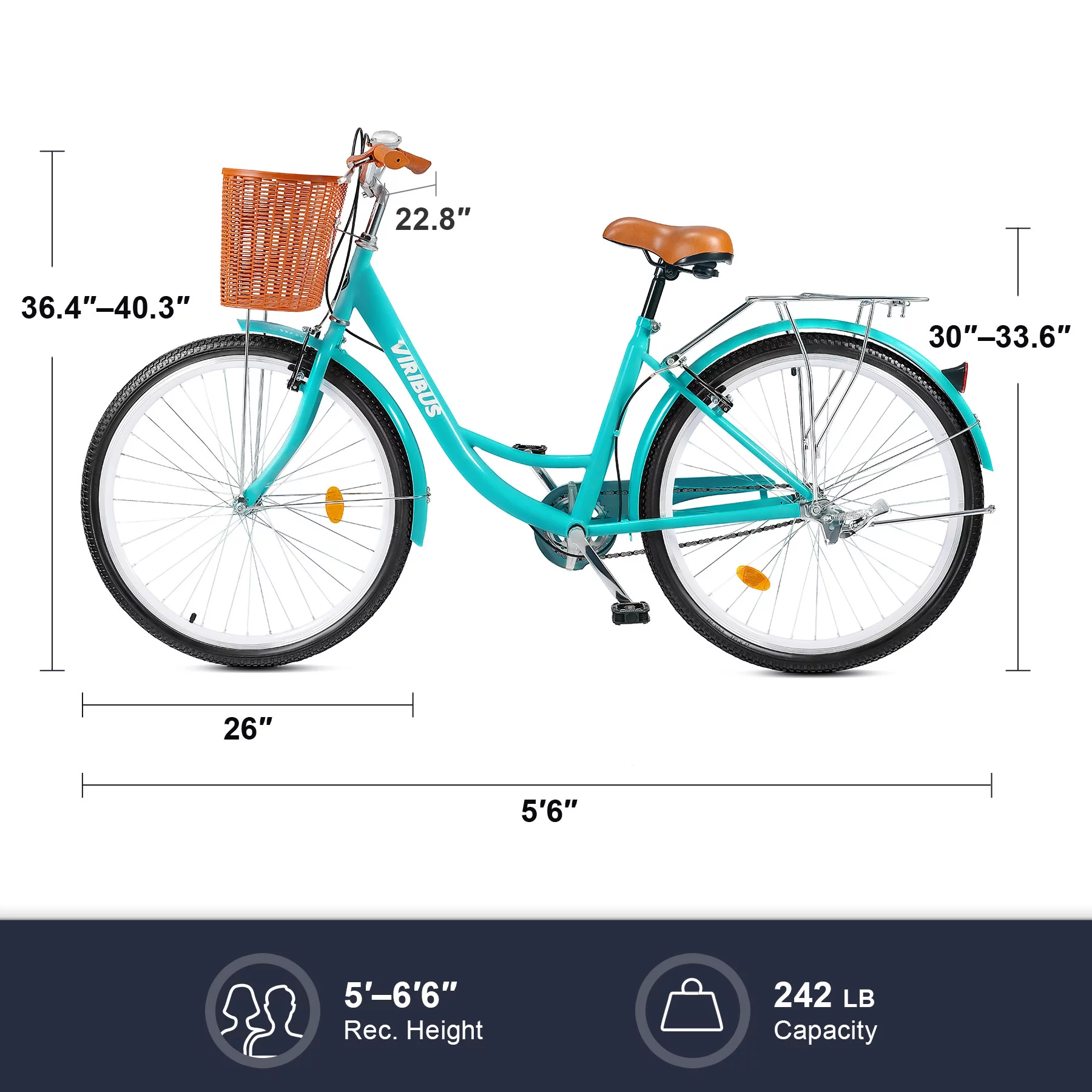 Viribus Beach & City Cruiser Bike 26 Inch Women's Comfort Bike with Basket & Rack Teal