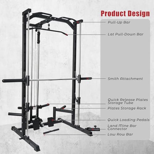 RitFit Smith Machine Power Rack with LAT-Pull Down System, Landmine, Barbell Bar, Plate Storage Pegs and More Training Attachment