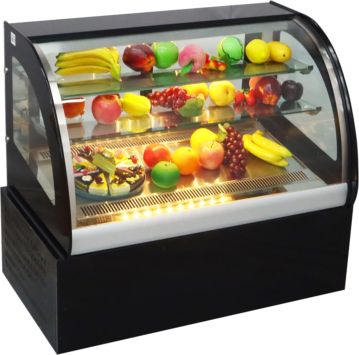 TECHTONGDA Refrigerated Bakery Display Case Pastry Showcase Commercial Countertop Cooling Front Curved Glass Cabinet with LED Light Rear Sliding Door 220V