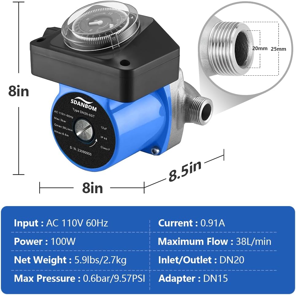 Hot Water Recirculating Pump - 100W Instant Water Heater Pump with Timer for Tank/Electric Water Heaters, Extremely Quiet
