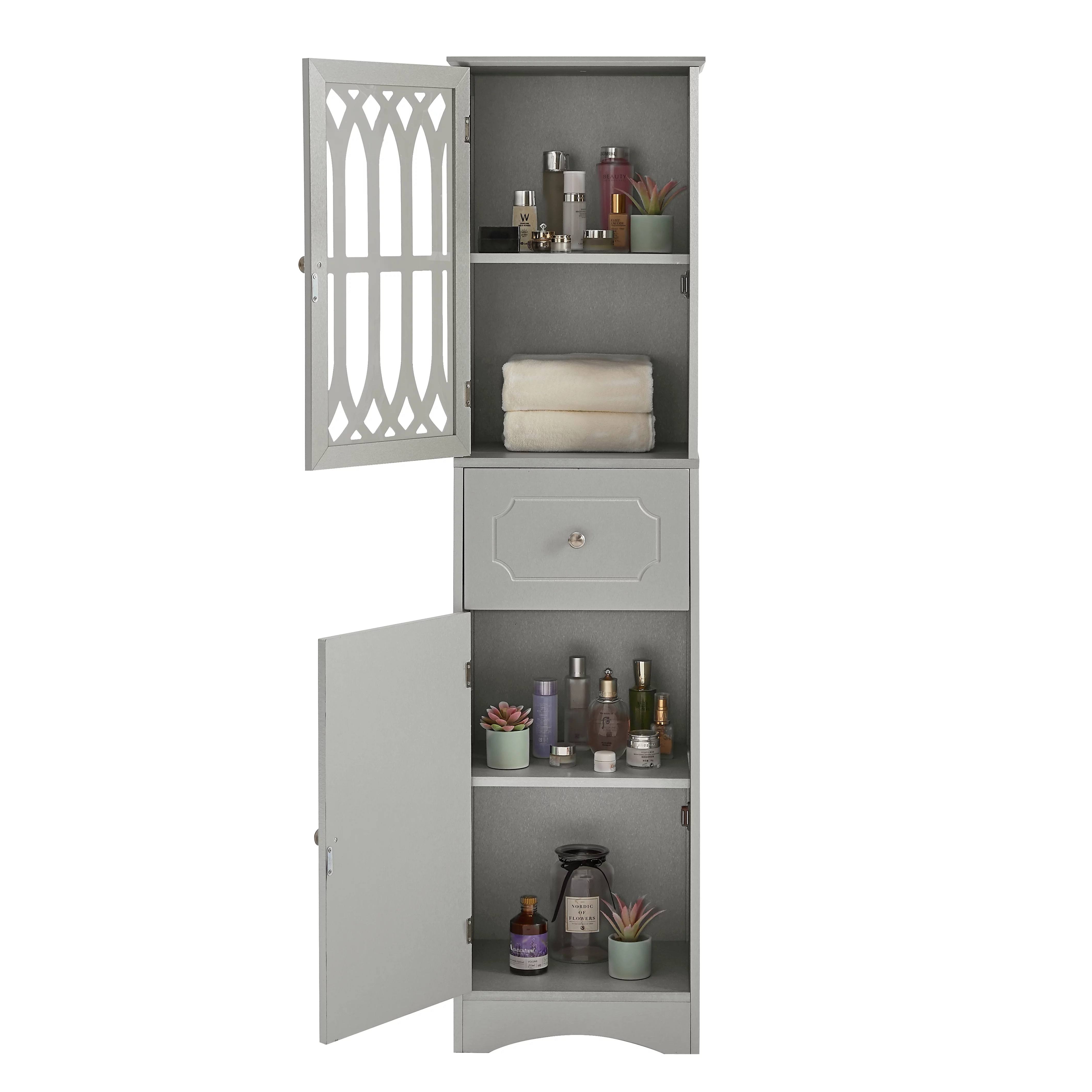 Modern Tall Bathroom Storage Cabinet with Doors Drawers, Wood Floor Freestanding Organizer for Bedroom Living Room