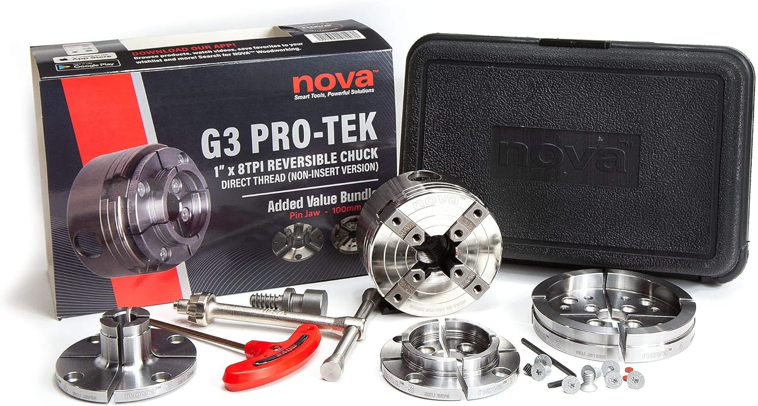 NOVA 48293 PREMIER PRO-TEK G3 CHUCK Bundle with 2" PRO-TEK Jaw Set, JSPIN 1" Pin Jaw Set, JS100N 4" Bowl Jaw Set, Woodworm Screw & Storage Case. 1"x 8 TPI Only (Does Not Use Inserts)