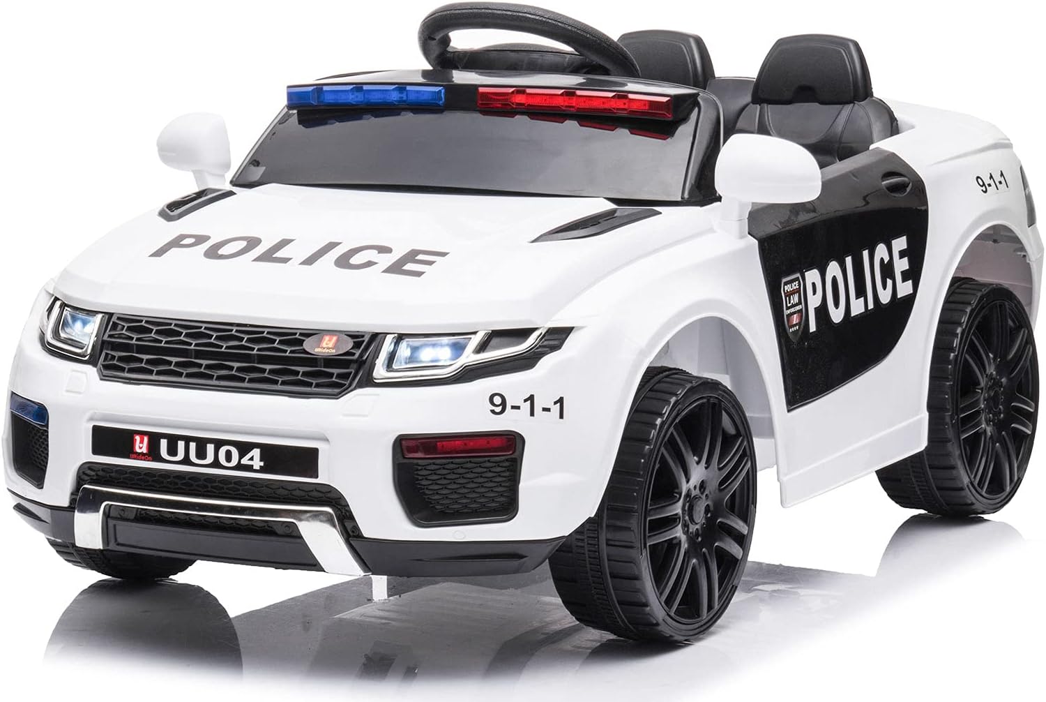 u URideon 12V Ride on Police Car for Kids, Battery Powered Electric Vehicle SUV with Remote Control, Siren, Flashing Light, Music (Black)