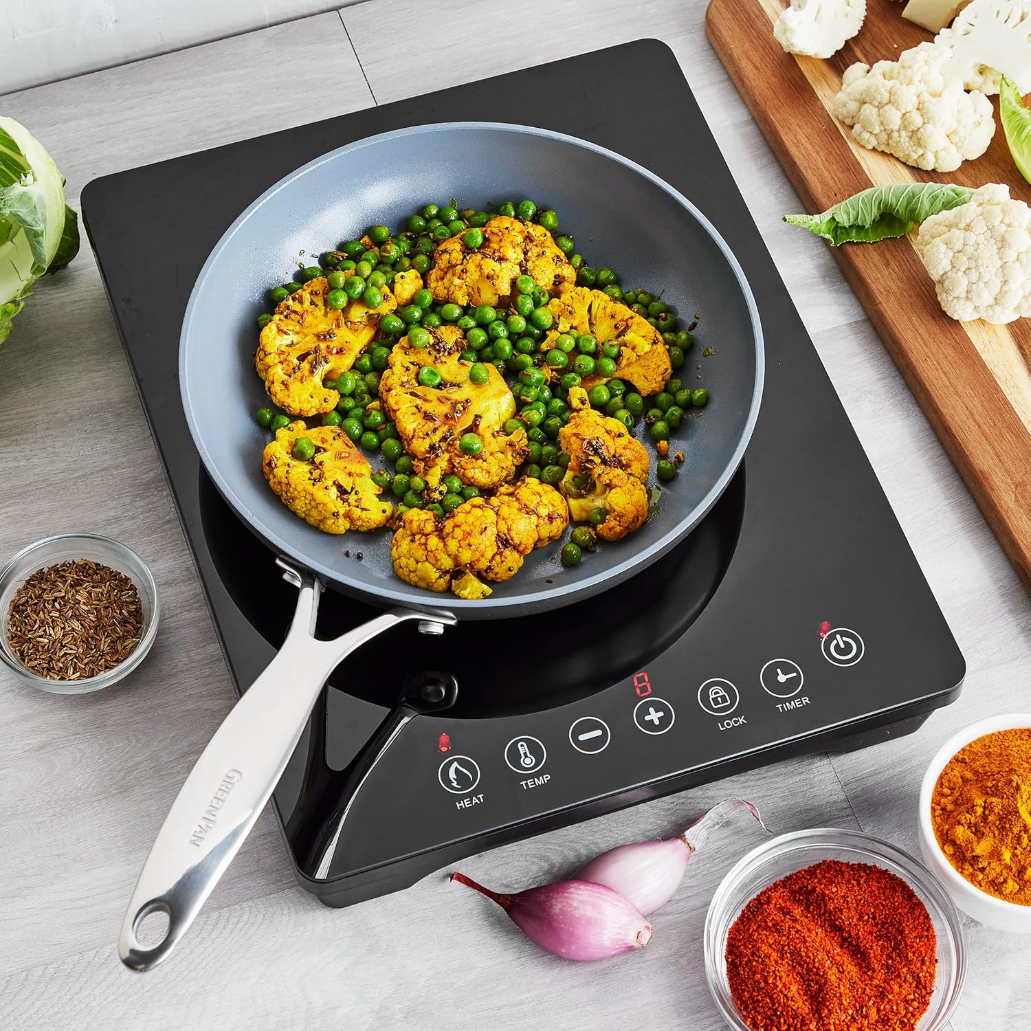 GreenPan Portable Induction Cooktop, Countertop Burner with Temperature Controls, Programmable LED Display with Timer, 1800W, Black