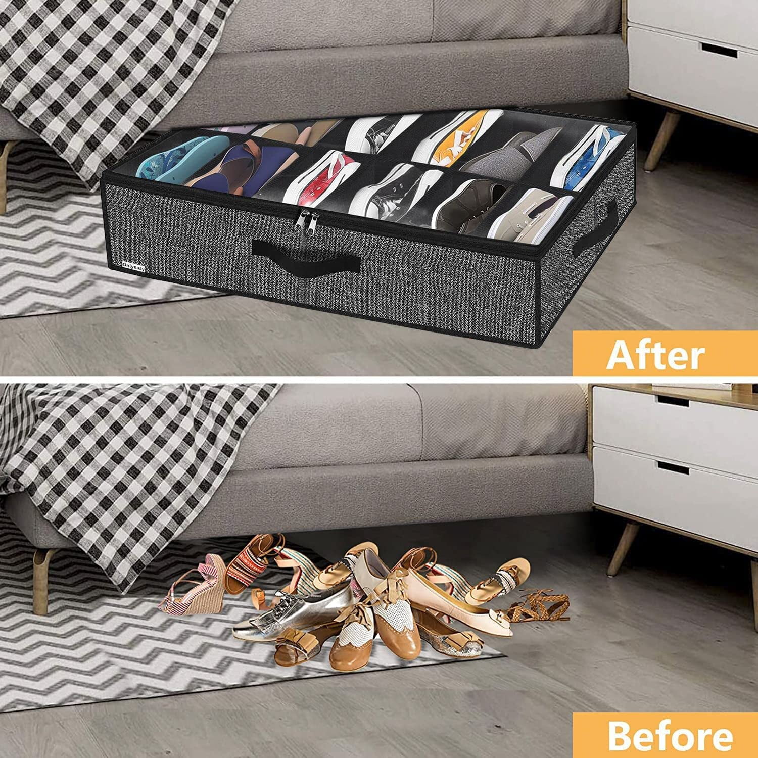 Under Bed Shoe Storage Organizer with Sturdy Handles and Clear Window  Premium Foldable Underbed Shoes Container Box for Closet, Linen-like Black