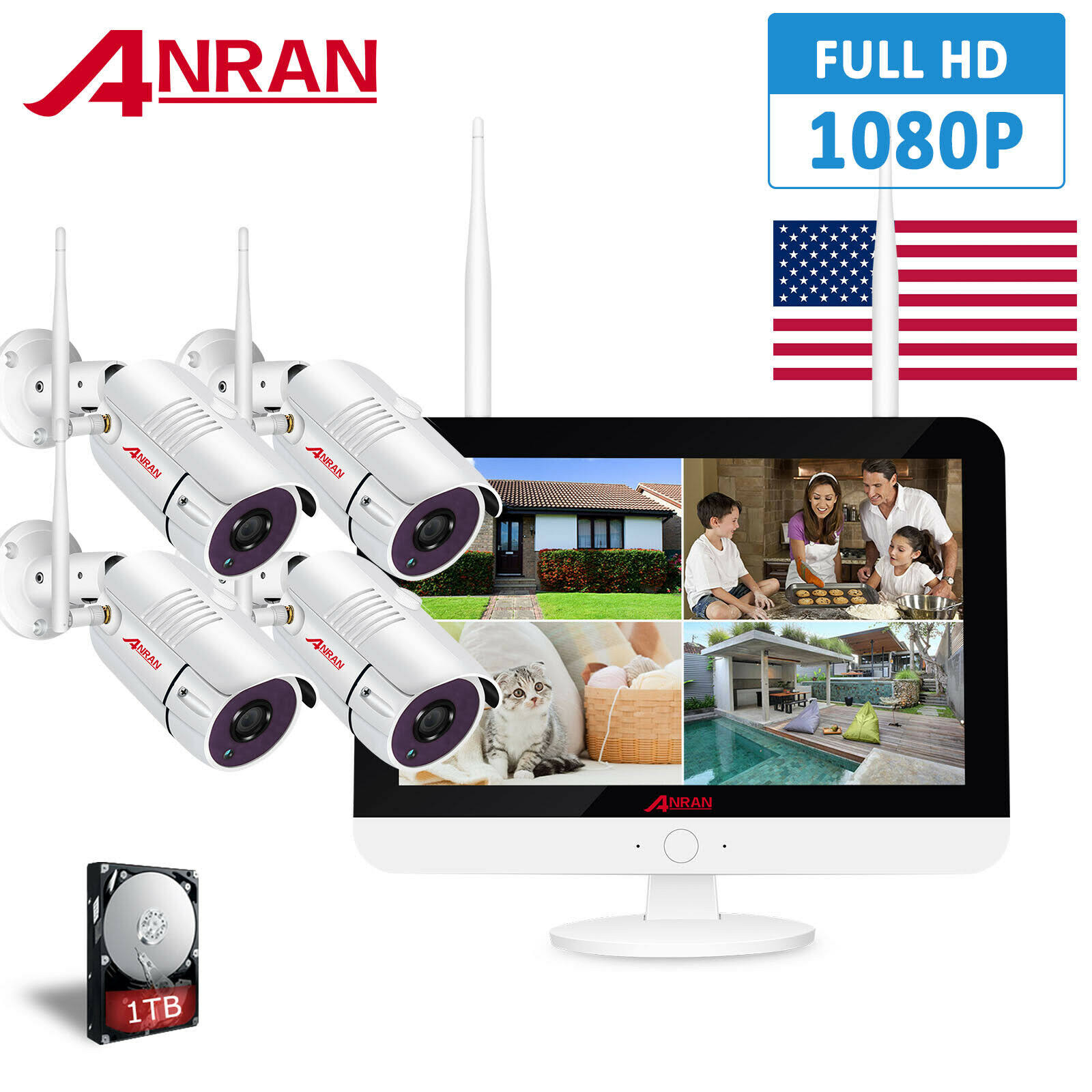 Anran Outdoor CCTV Home Wireless Camera Security System 8CH 1TB NVR 1080p Night