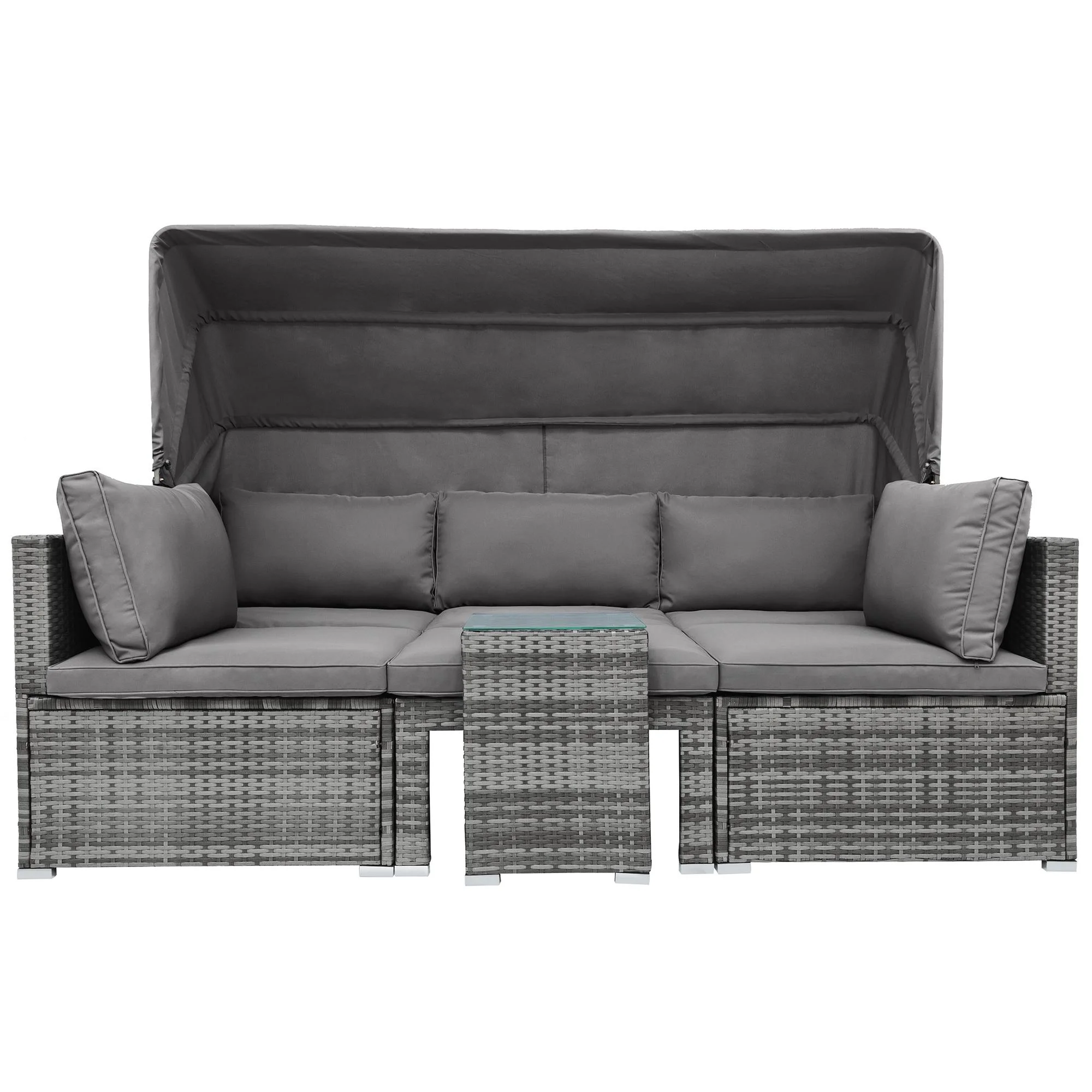 Seizeen 5 Pieces Patio Outdoor Daybed, Rattan Sectional Conversation Sofa Set with Retractable Canopy, Patio Sectional Bed with Side Table, Outdoor Sunbed with Cushions and Pillows