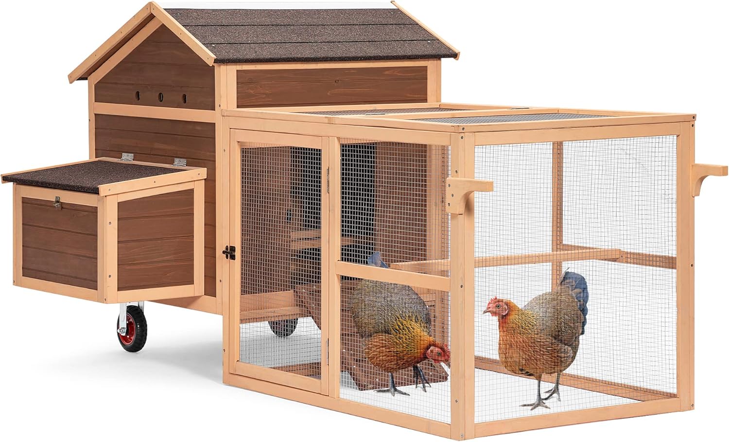 81”L Movable Chicken Coop with Wheels for 4-6 Chickens, Outdoor Chicken Coop with Run and Nesting Box Wooden Duck House Poultry Cage Chicken Hutch with Ramps for Hens Ducks and Rabbits
