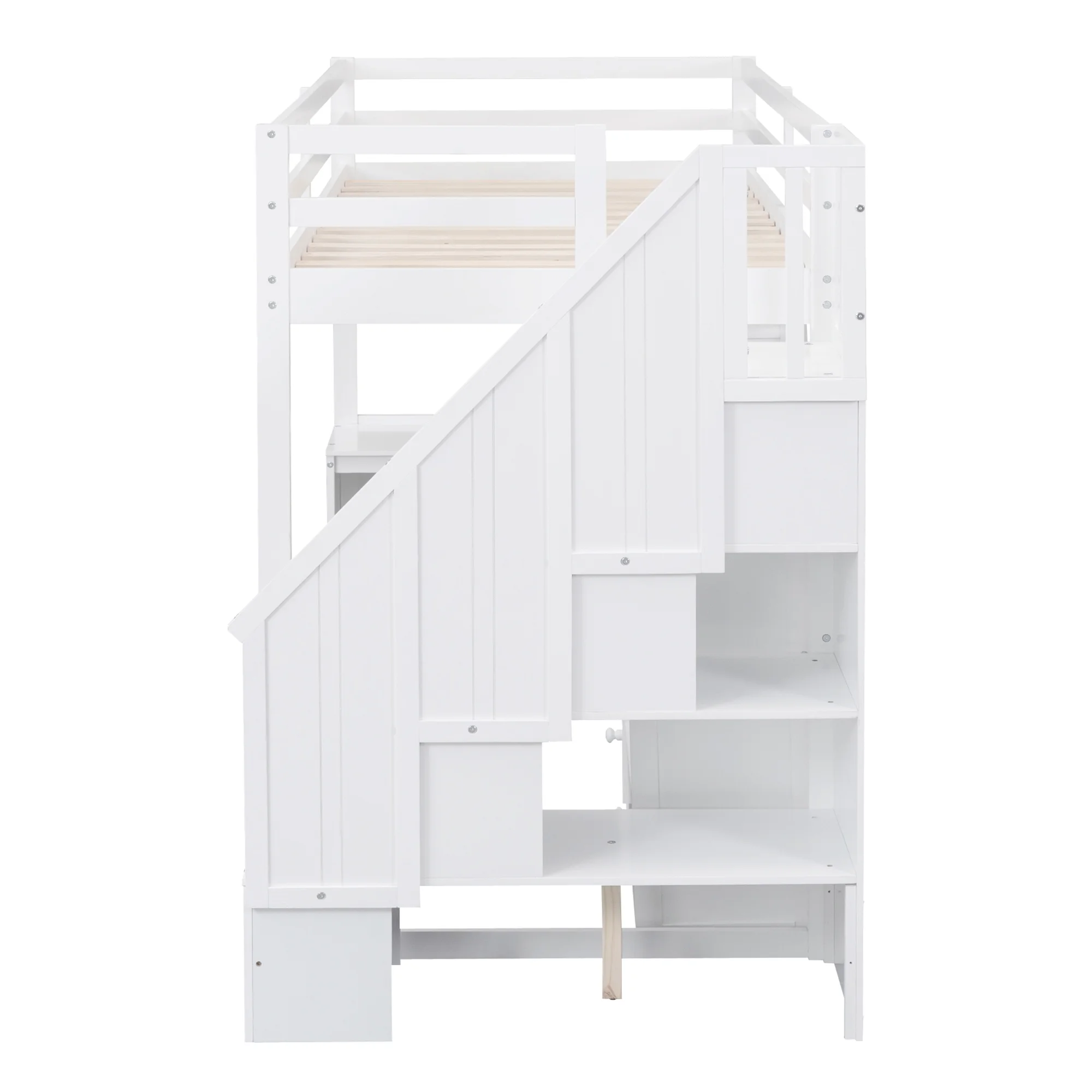 Twin Wood Loft Bed with L-Shaped Desk and Drawers, Cabinet and Storage Staircase, Loft Twin Bed with Desk for Teenagers, Multiple Functions Bed, Easy to Assemble (White)